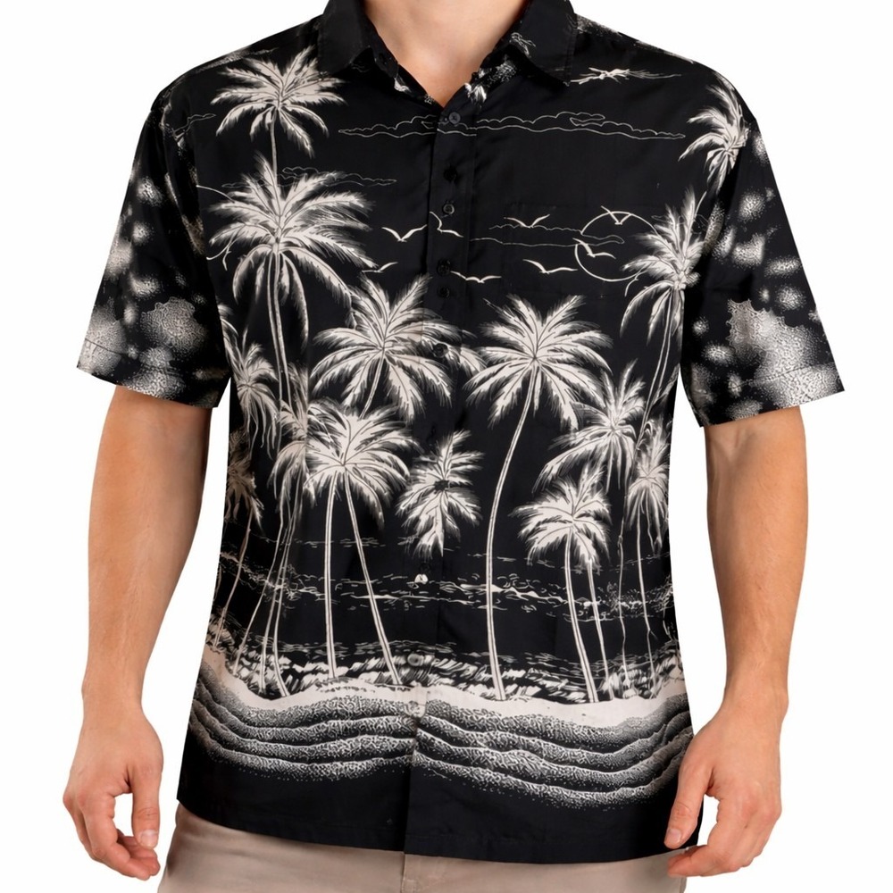 La Leela Hawaiian Aloha Shirt 2XL Floral Palms Beach Seabirds Black White